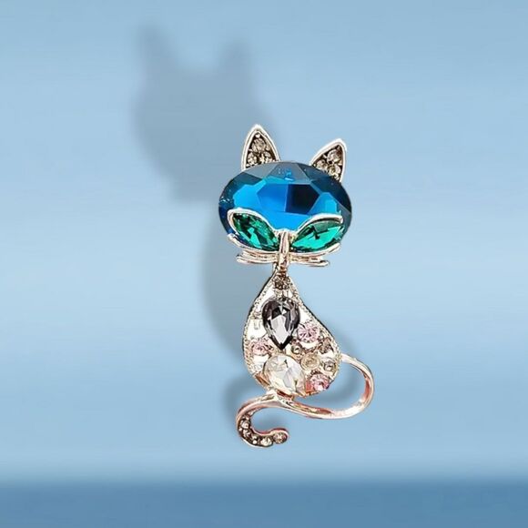Cat Brooch Pin Large Blue Faceted Gemstone & Rhinestones - Picture 6 of 8
